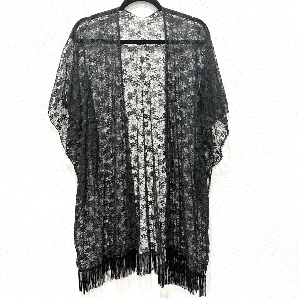 Elegant fringe sheer Black Lace Cardigan Kimono OS‎